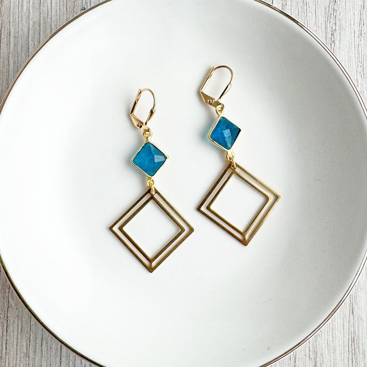 Raw Brass Layered Diamond and Apatite Statement Earrings