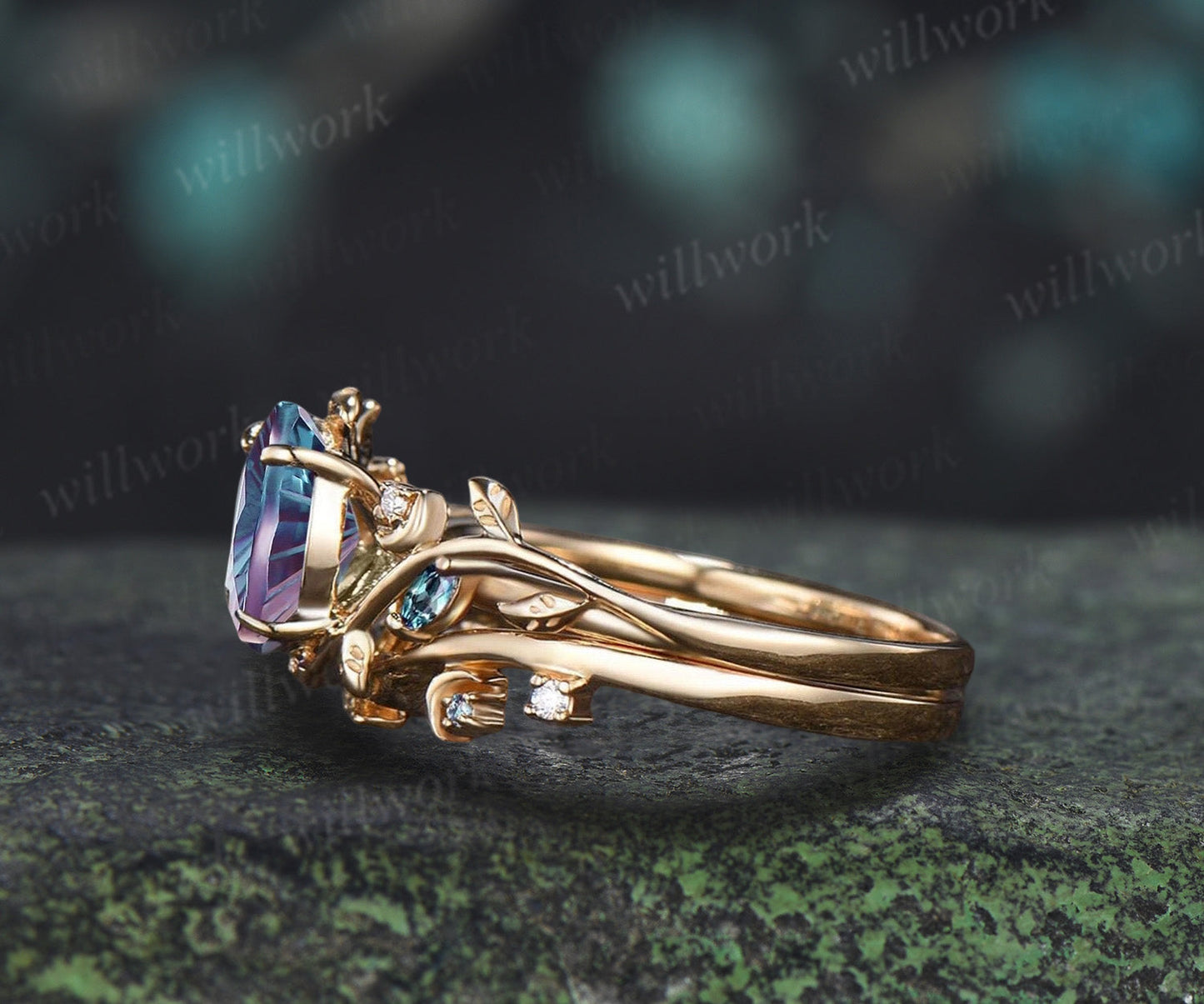 Oval Fireworks Cut Alexandrite Engagement Ring Set Leaf Branch Moon Promise Ring Alexandrite Stacking Wedding Band Bridal Set