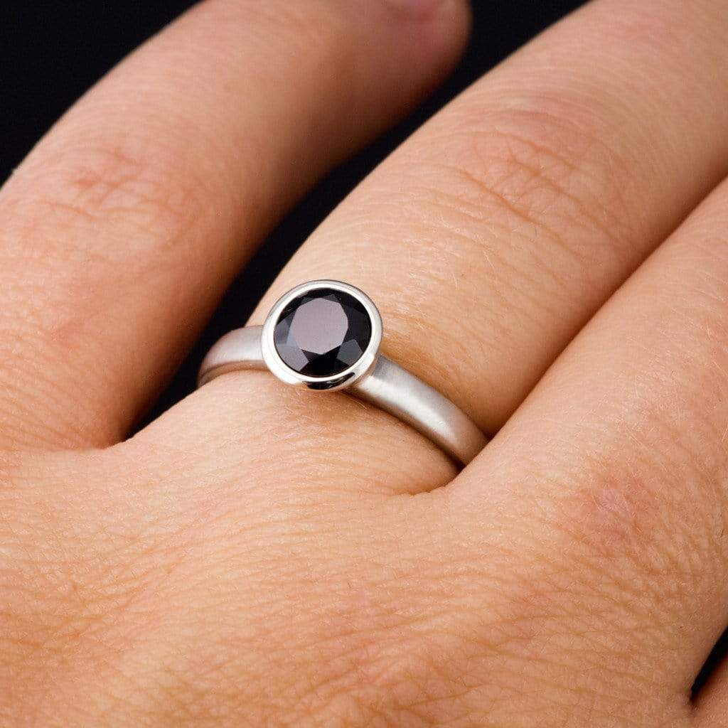 Round 1ct Black Diamond Low Profile Bezel Solitaire Engagement Ring