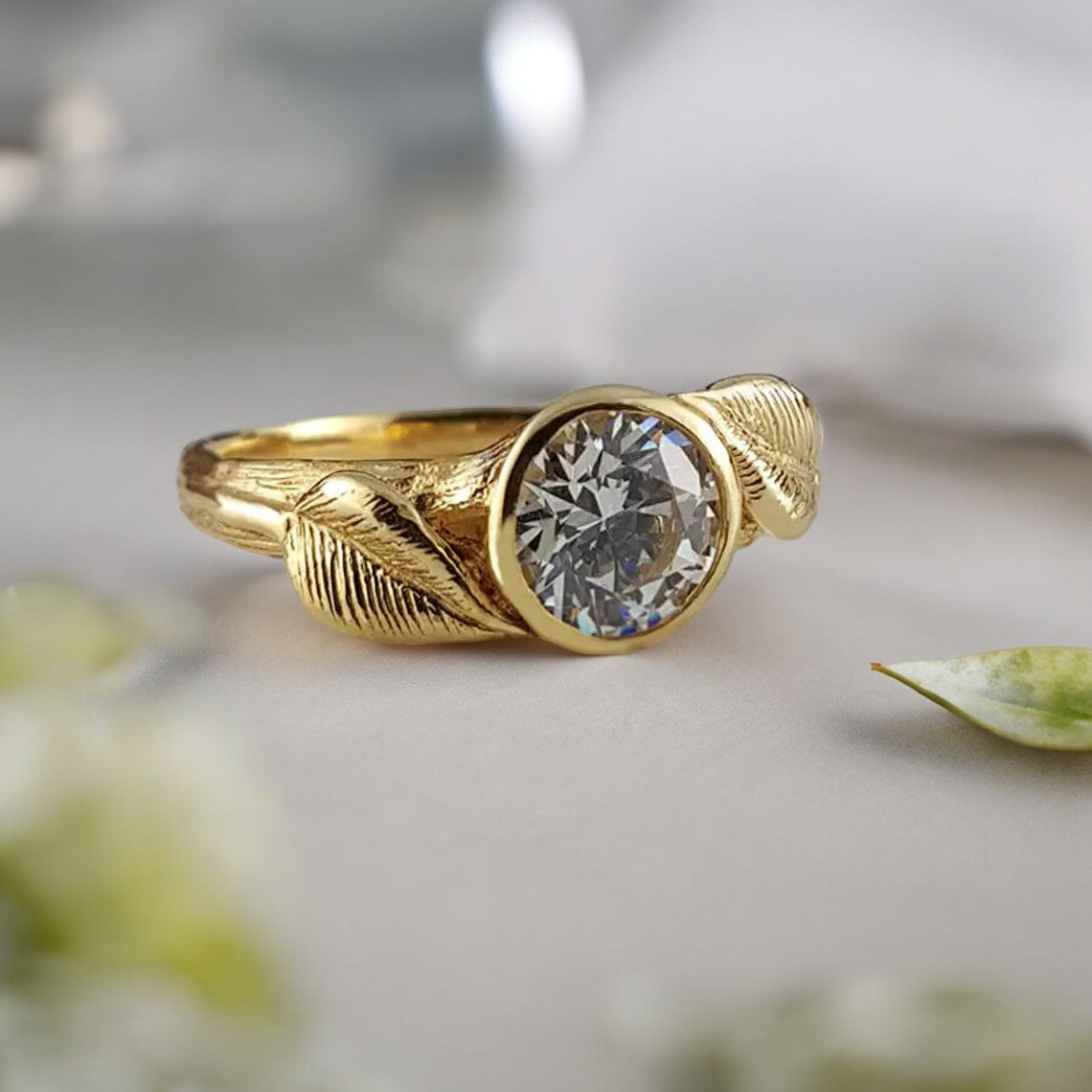 Round 1ct Moissanite Engagement Ring: Hand-sculpted Leaf Setting in Solid Gold