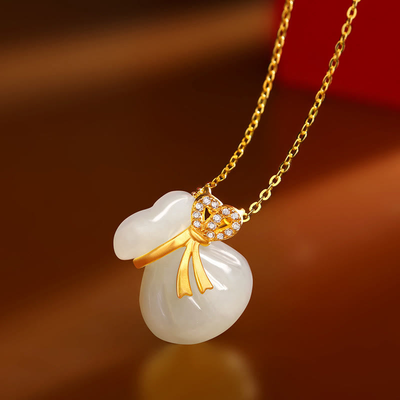 Fortune Jewel Natural Hetian White Jade Luck Money Bag Necklace Pendant