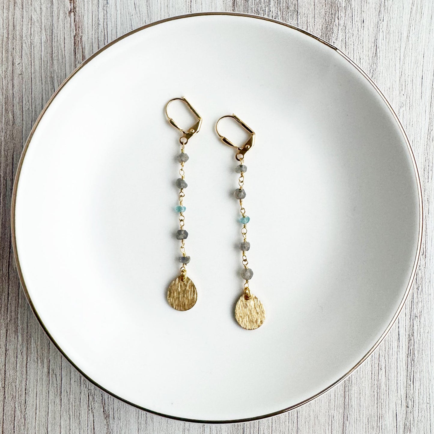 Long Raw Brass and Labradorite Beaded Dangle Earrings