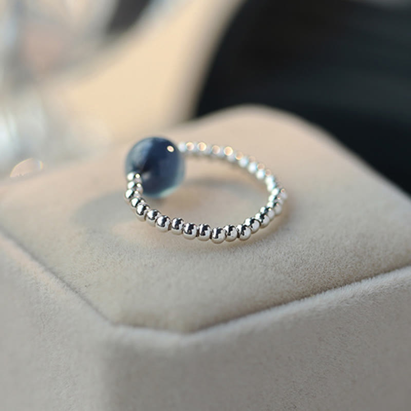 Fortune Jewel 925 Sterling Silver Blue Candy Agate Healing Bead Ring