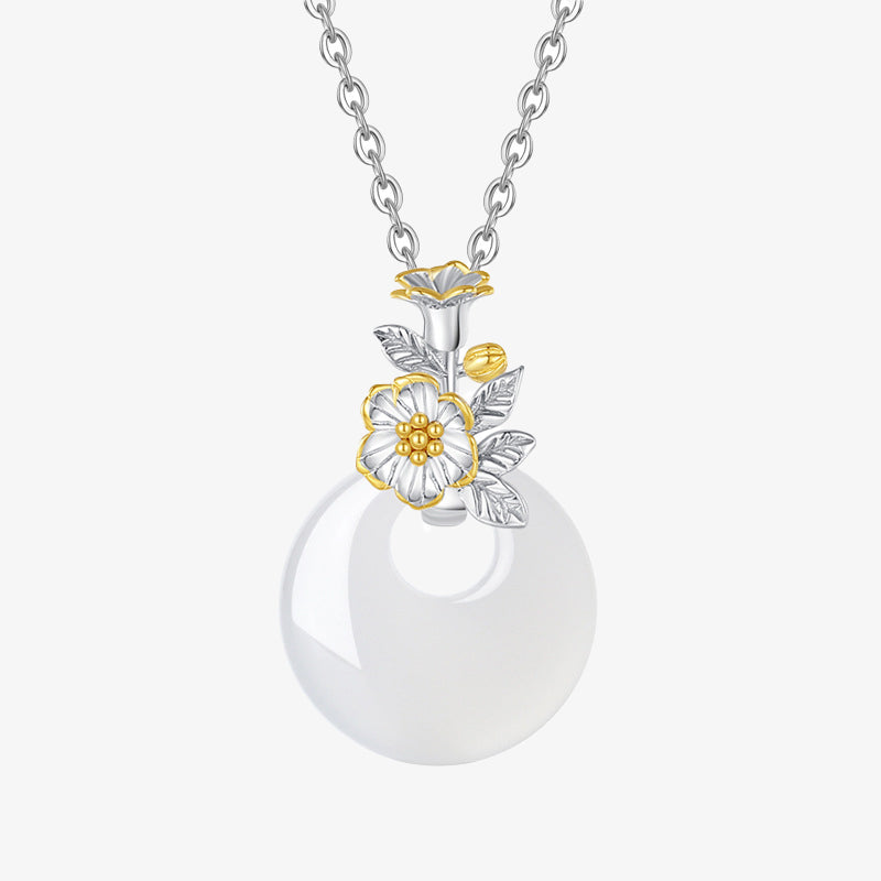 Fortune Jewel 925 Sterling Silver Round Chalcedony Twelve Months Flower Harmony Necklace Pendant
