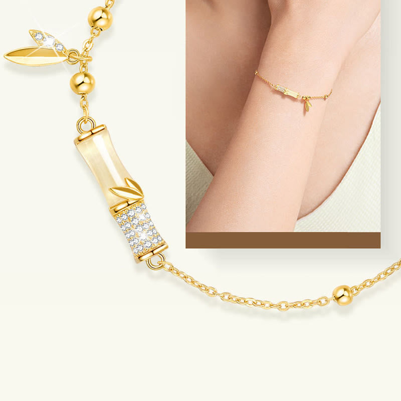 Fortune Jewel 925 Sterling Silver 18K Gold Plated White Jade Bamboo Zircon Leaf Luck Bracelet