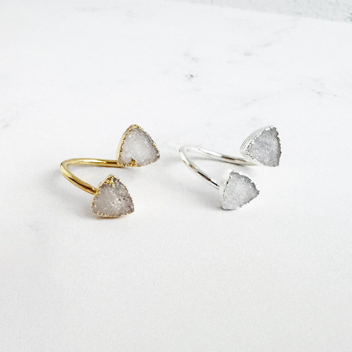 Double Triangle Stone Wrap Ring in White Druzy