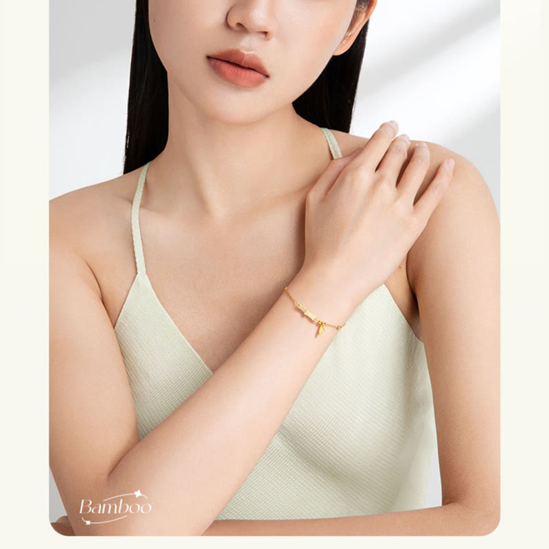 Fortune Jewel 925 Sterling Silver 18K Gold Plated White Jade Bamboo Zircon Leaf Luck Bracelet