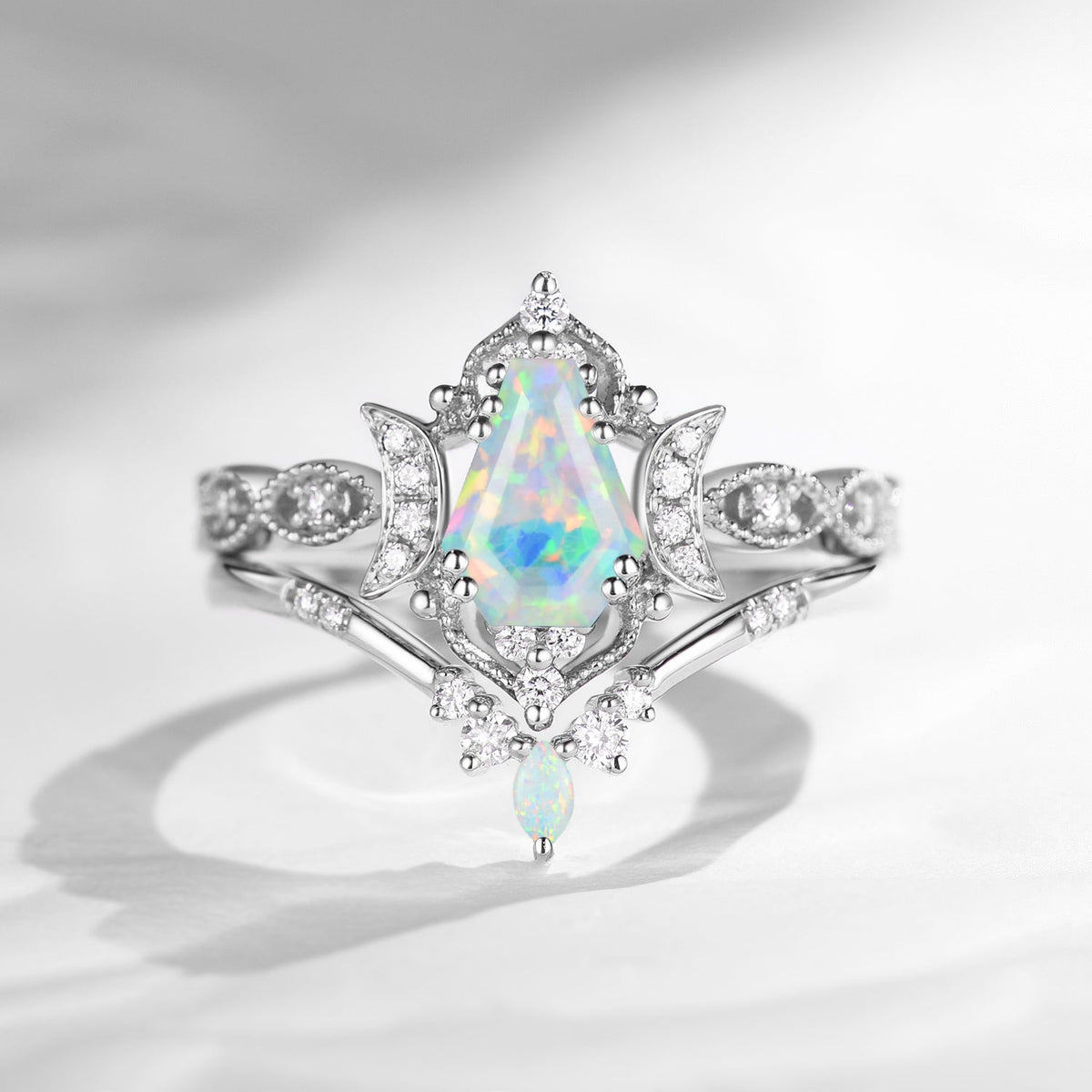 Crescent Moon | Unique Coffin Cut Lab Opal Engagement Ring Set 2pcs - Luna