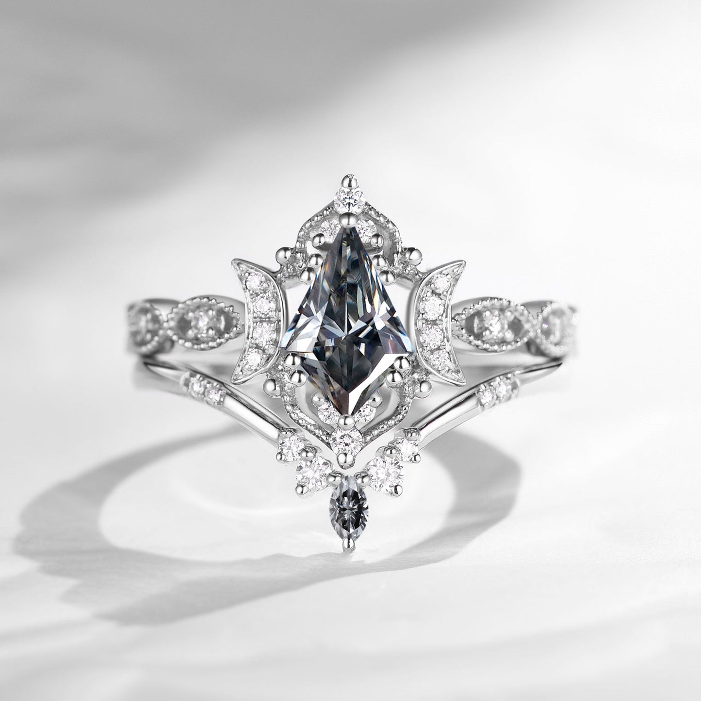 Crescent Moon | Kite Cut Unique Grey Moissanite Engagement Ring Set 2pcs - Luna