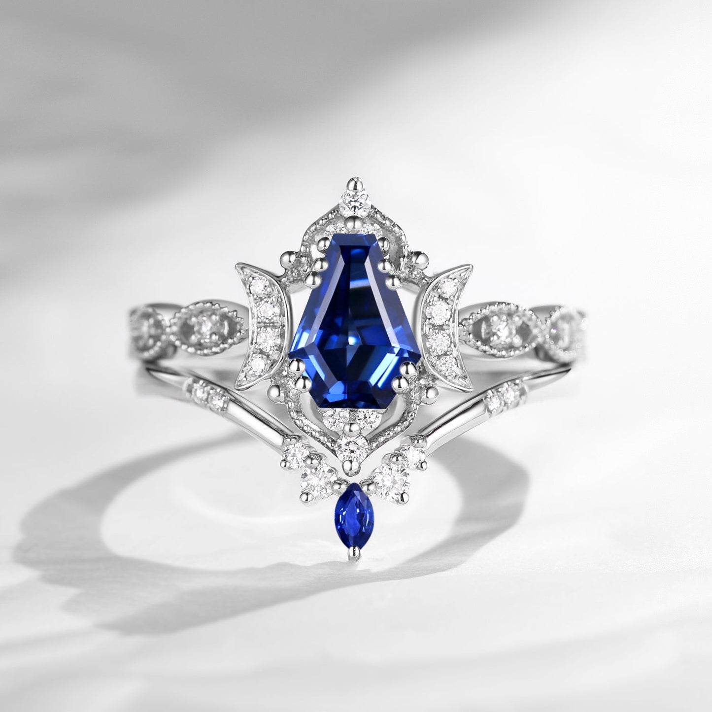 Crescent Moon | Unique Coffin Cut Lab Sapphire Engagement Ring Set 2pcs - Luna
