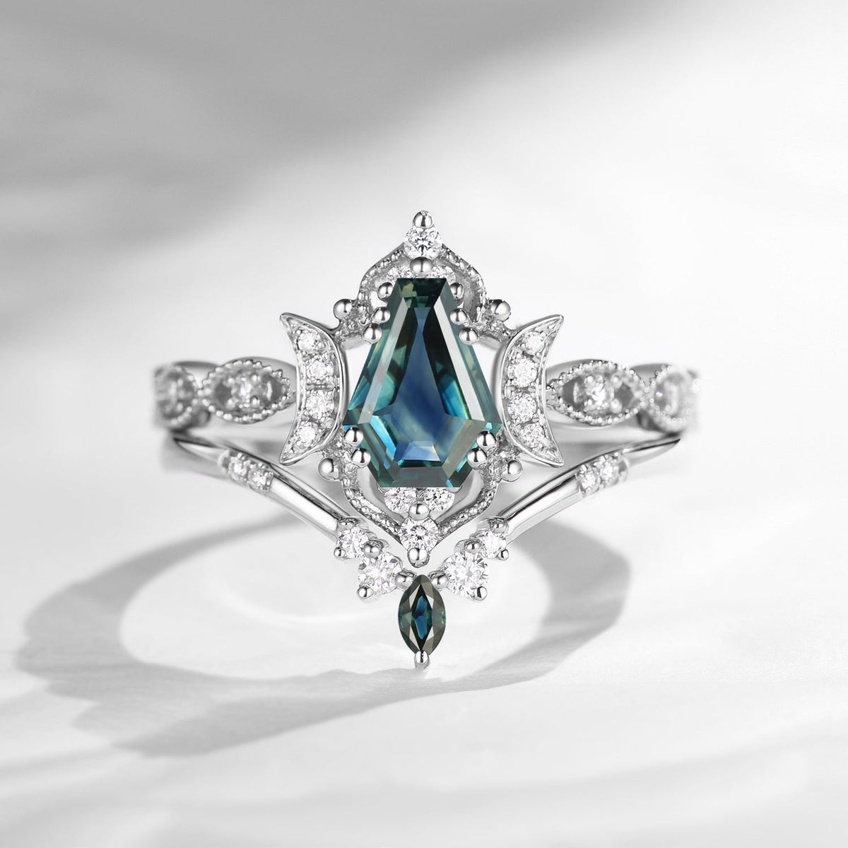Crescent Moon 'Luna' - Vintage Coffin Cut Natural Teal Sapphire Engagement Ring Set with Milgrain Detailing