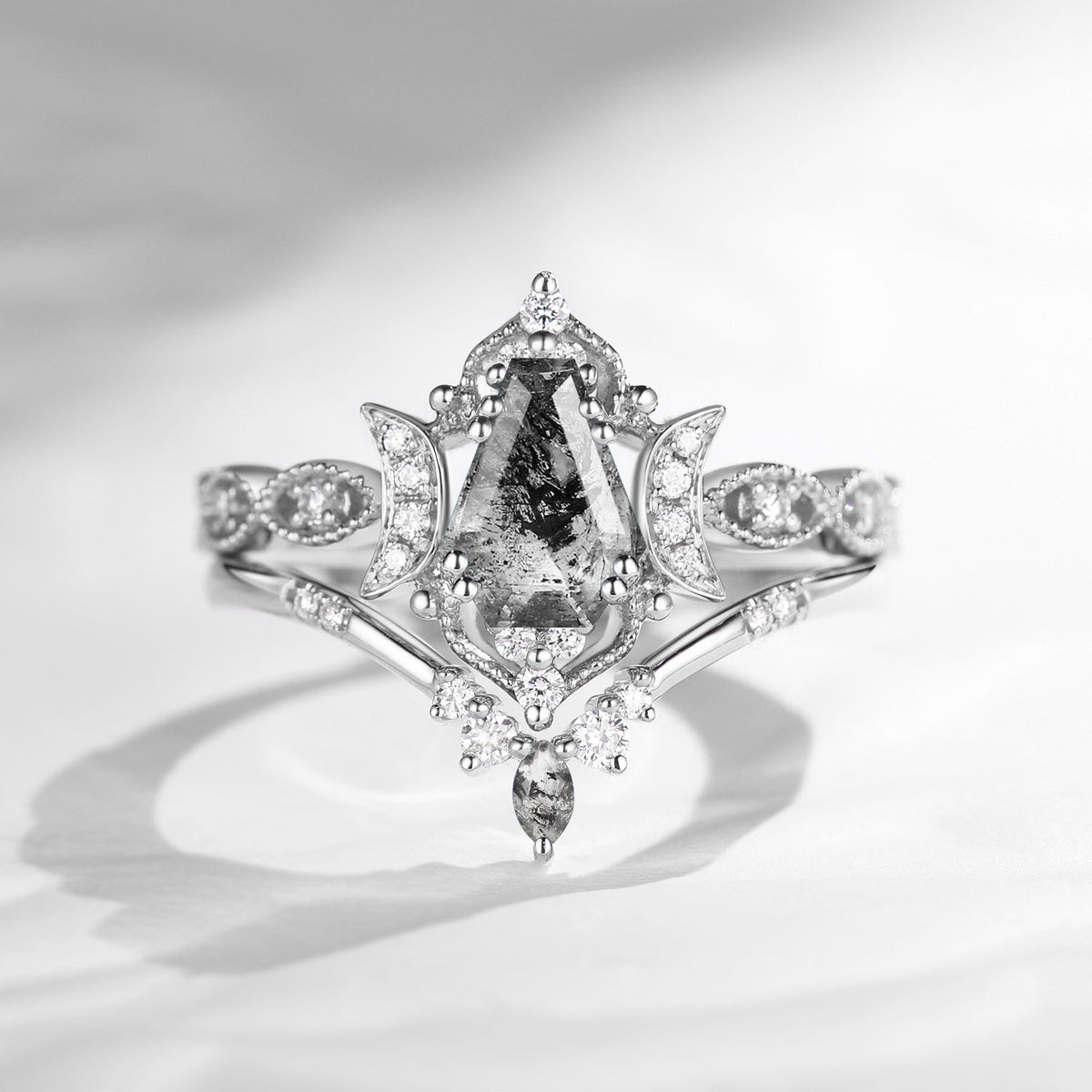 Crescent Moon | Unique Coffin Cut Herkimer Diamond Engagement Ring Set 2pcs - Luna