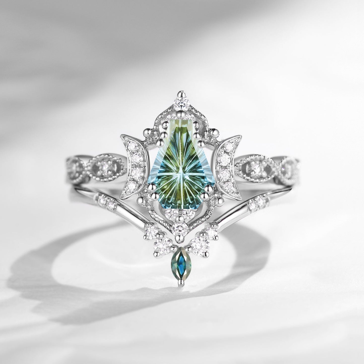Crescent Moon | Fantasy Cut Coffin Shaped Natural Multi-Colored Sapphire Engagement Ring Set 2pcs - Luna