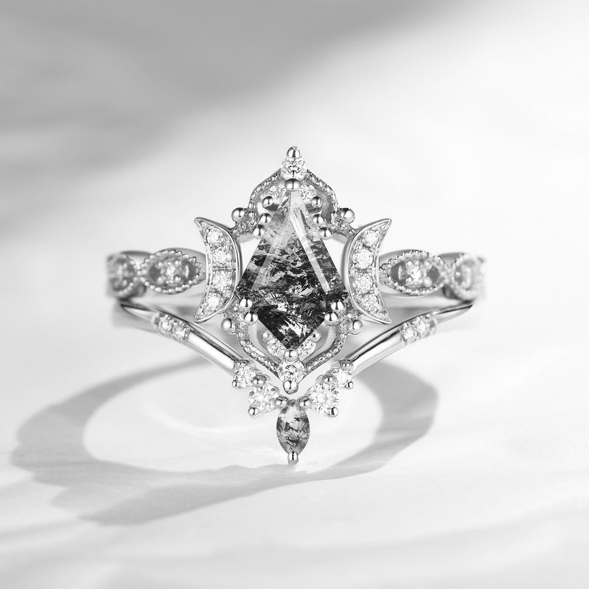 Crescent Moon | Unique Kite Cut Herkimer Diamond Engagement Ring Set 2pcs - Luna