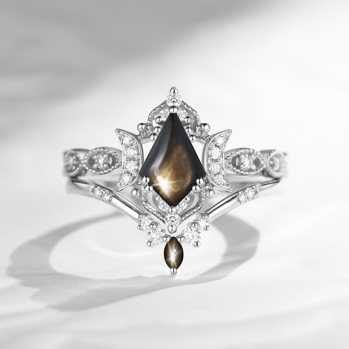Crescent Moon | Unique Kite Cut Natural Black Star Sapphire Engagement Ring Set 2pcs - Luna