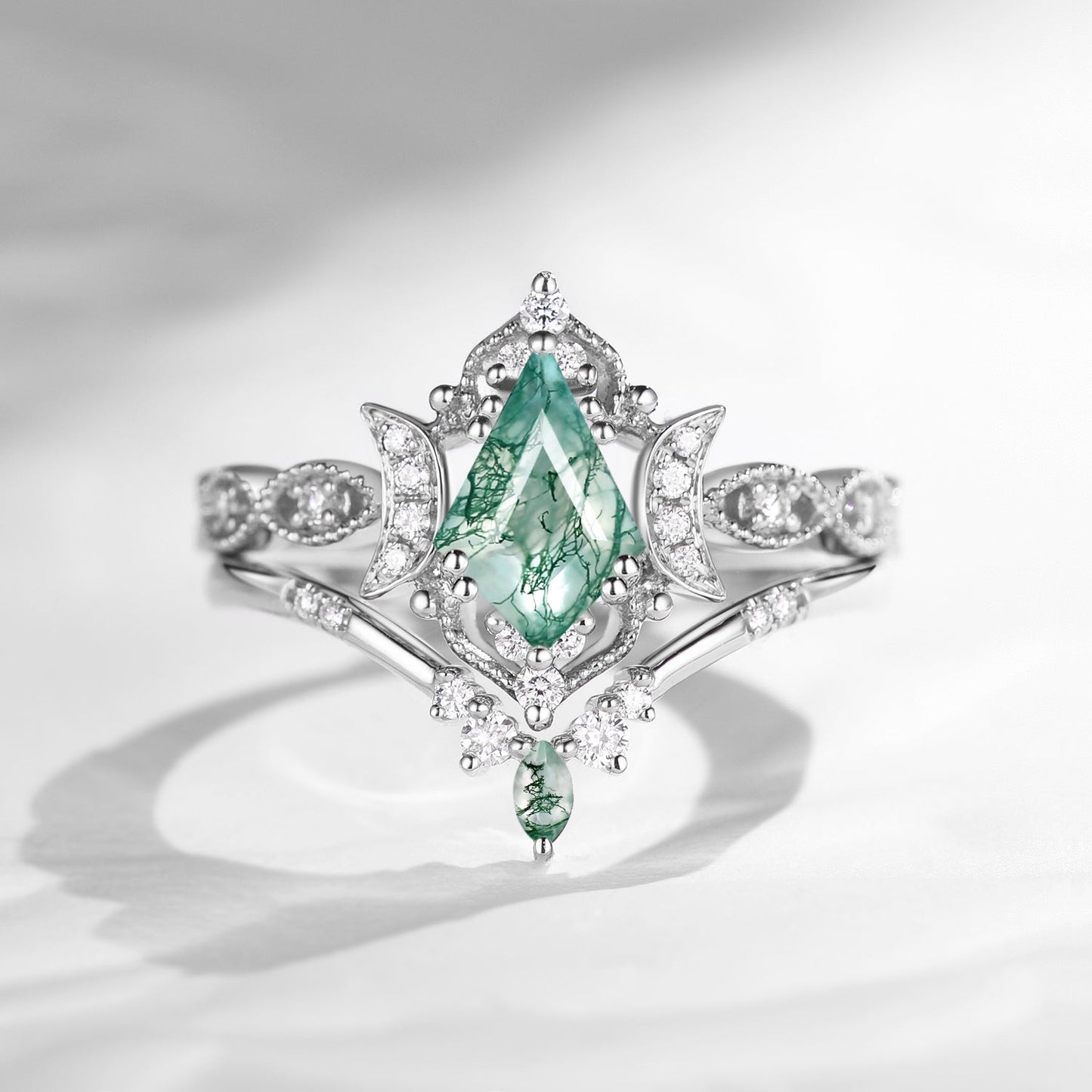 Crescent Moon | Kite Cut Unique Moss Agate Engagement Ring Set 2pcs - Luna