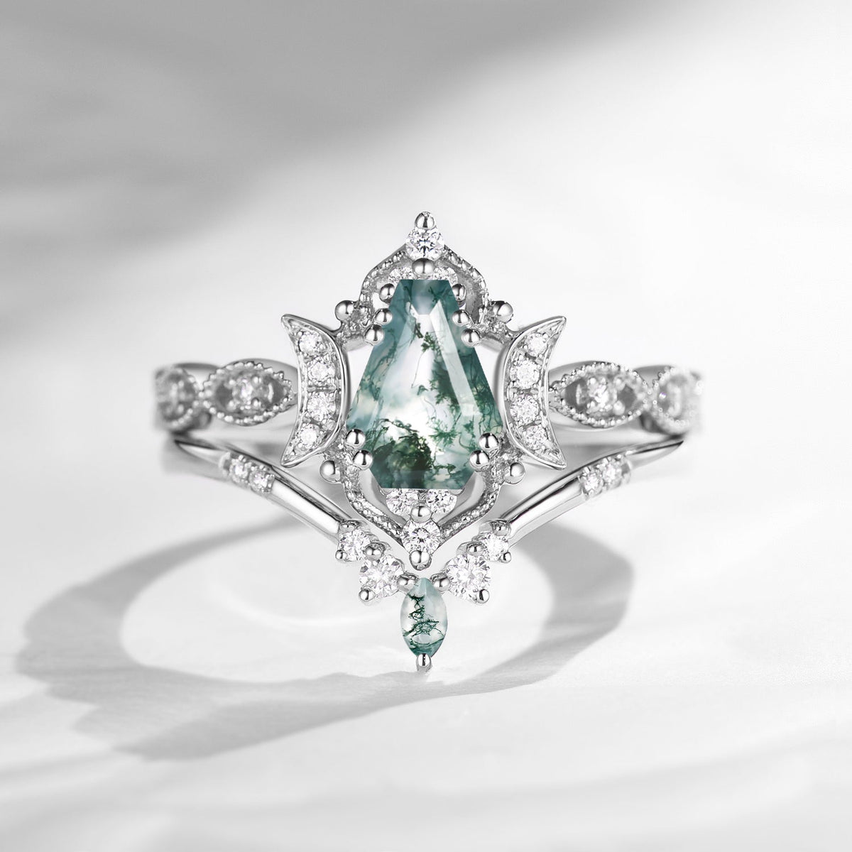Crescent Moon | Unique Coffin Cut Moss Agate Engagement Ring Set 2pcs - Luna