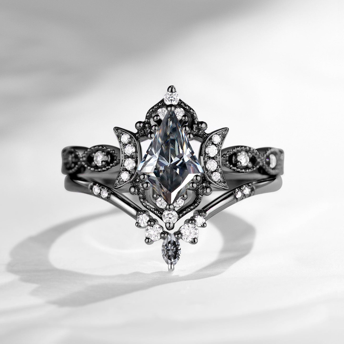 Crescent Moon | Kite Cut Unique Grey Moissanite Engagement Ring Set 2pcs - Luna