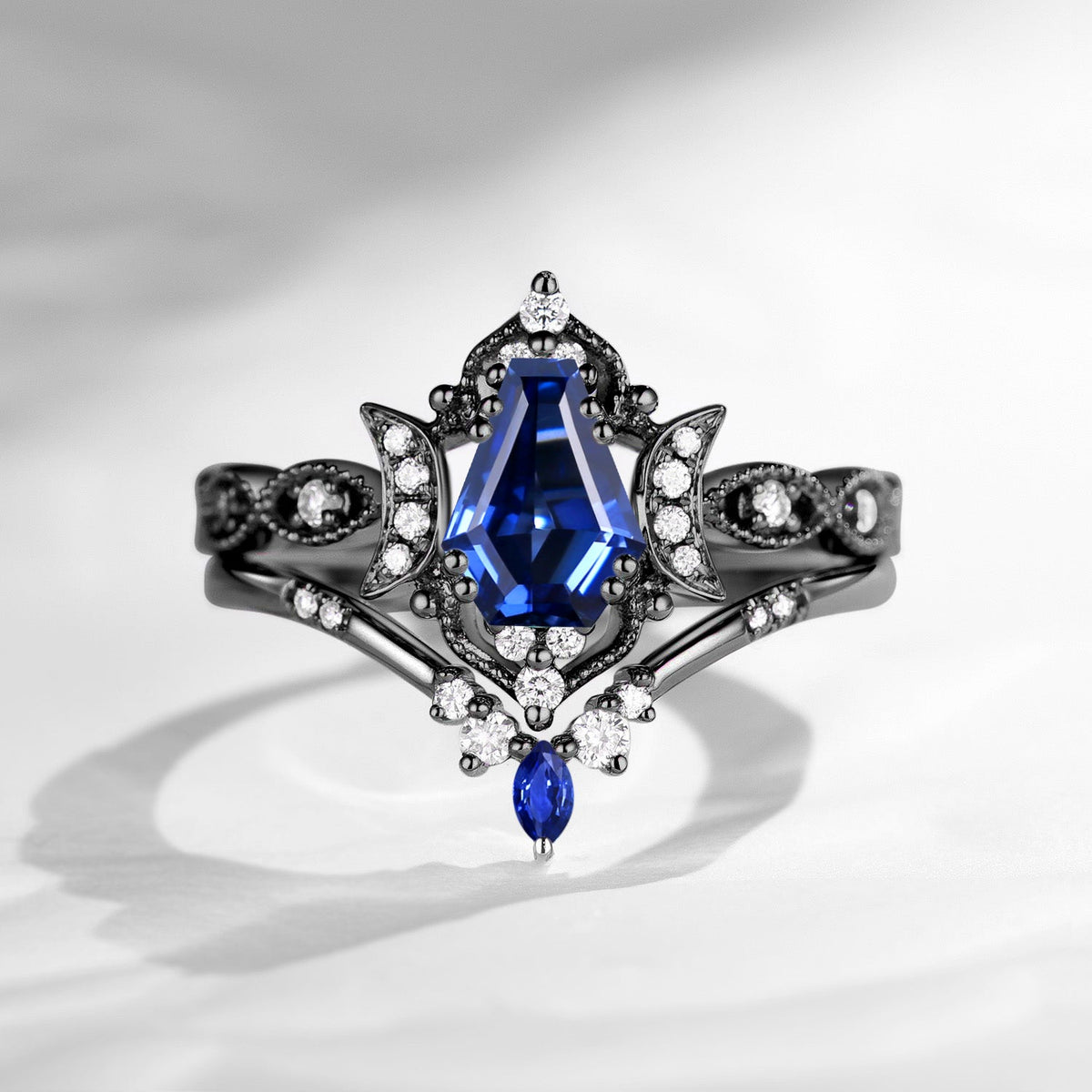 Crescent Moon | Unique Coffin Cut Lab Sapphire Engagement Ring Set 2pcs - Luna