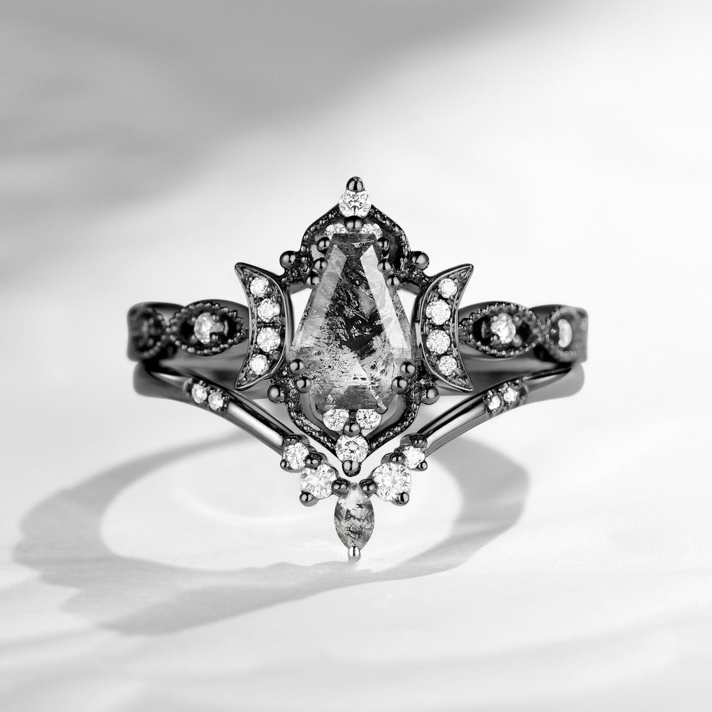 Crescent Moon | Unique Coffin Cut Herkimer Diamond Engagement Ring Set 2pcs - Luna