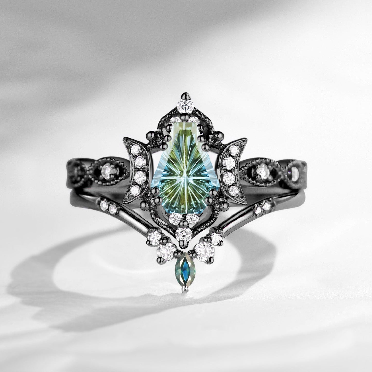 Crescent Moon | Fantasy Cut Coffin Shaped Natural Multi-Colored Sapphire Engagement Ring Set 2pcs - Luna