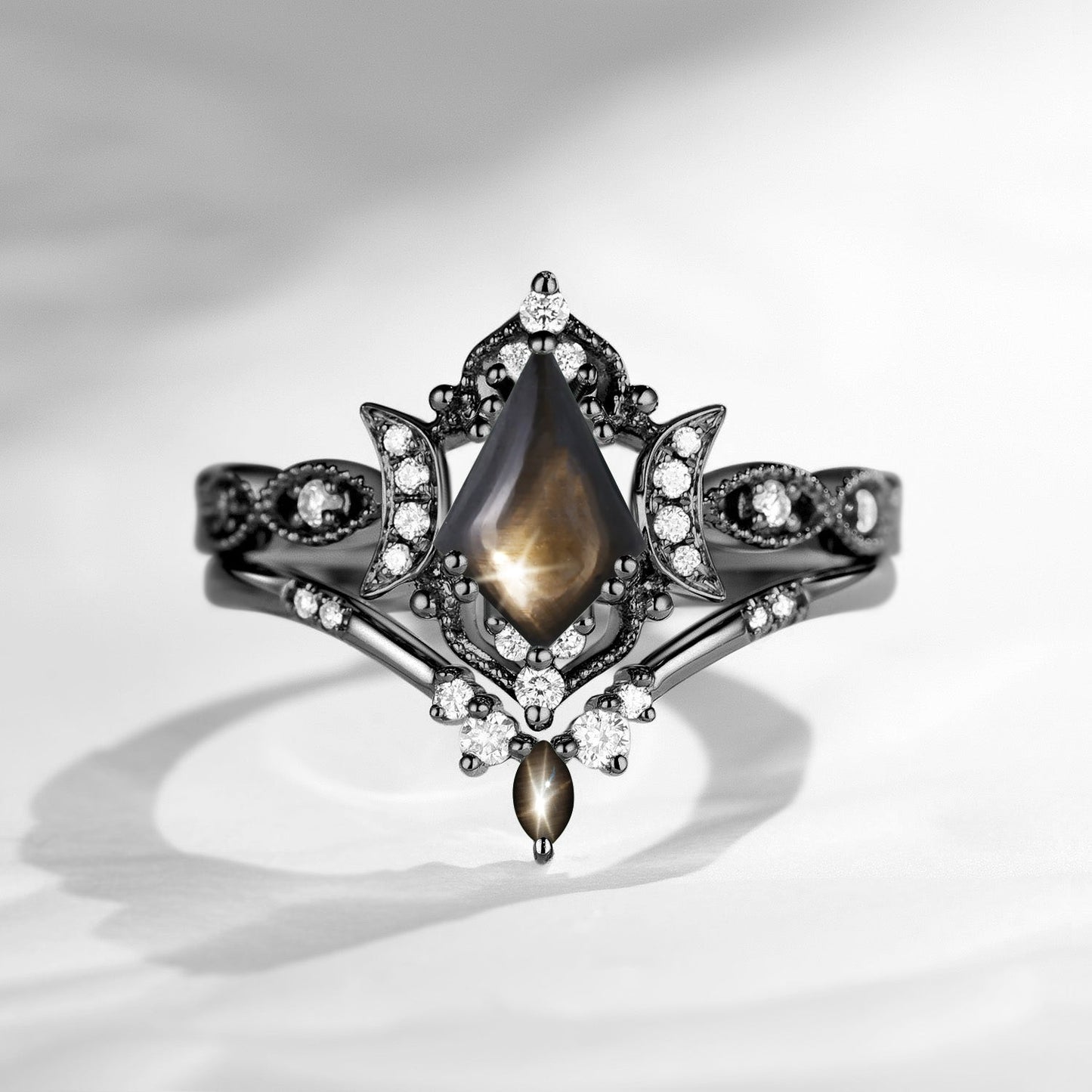 Crescent Moon | Unique Kite Cut Natural Black Star Sapphire Engagement Ring Set 2pcs - Luna