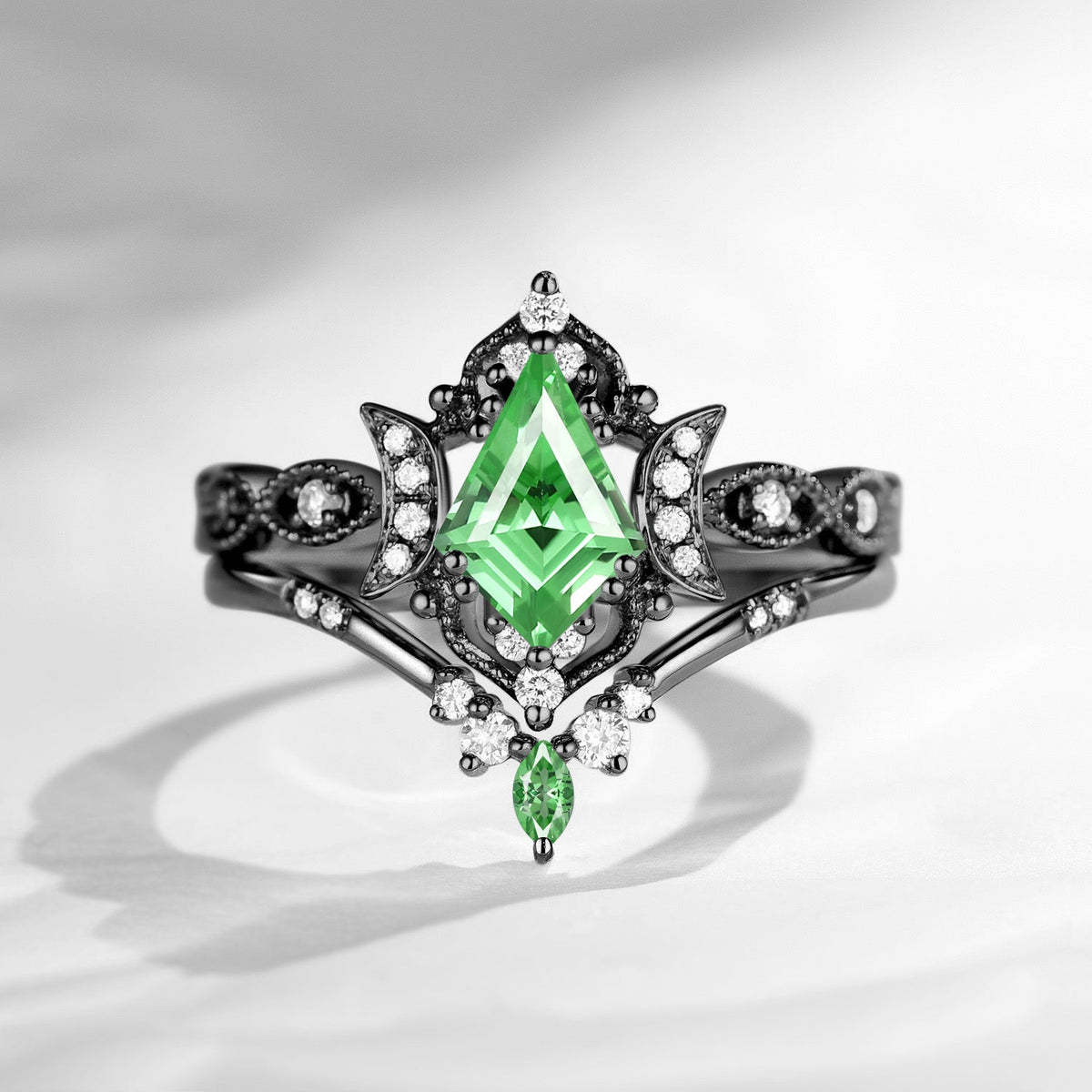 Crescent Moon | Unique Kite Cut Lab Tsavorite Engagement Ring Set 2pcs - Luna