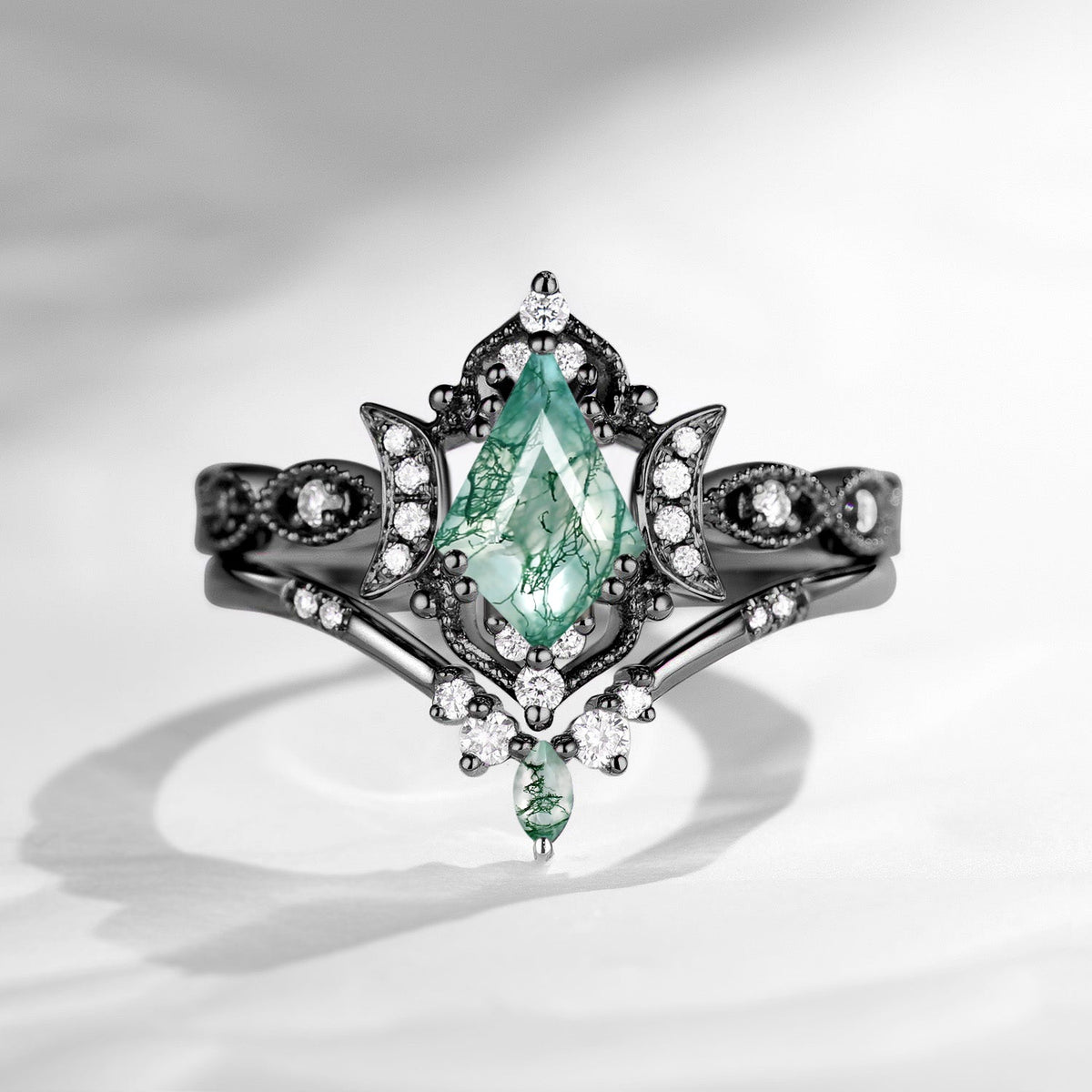 Crescent Moon | Kite Cut Unique Moss Agate Engagement Ring Set 2pcs - Luna