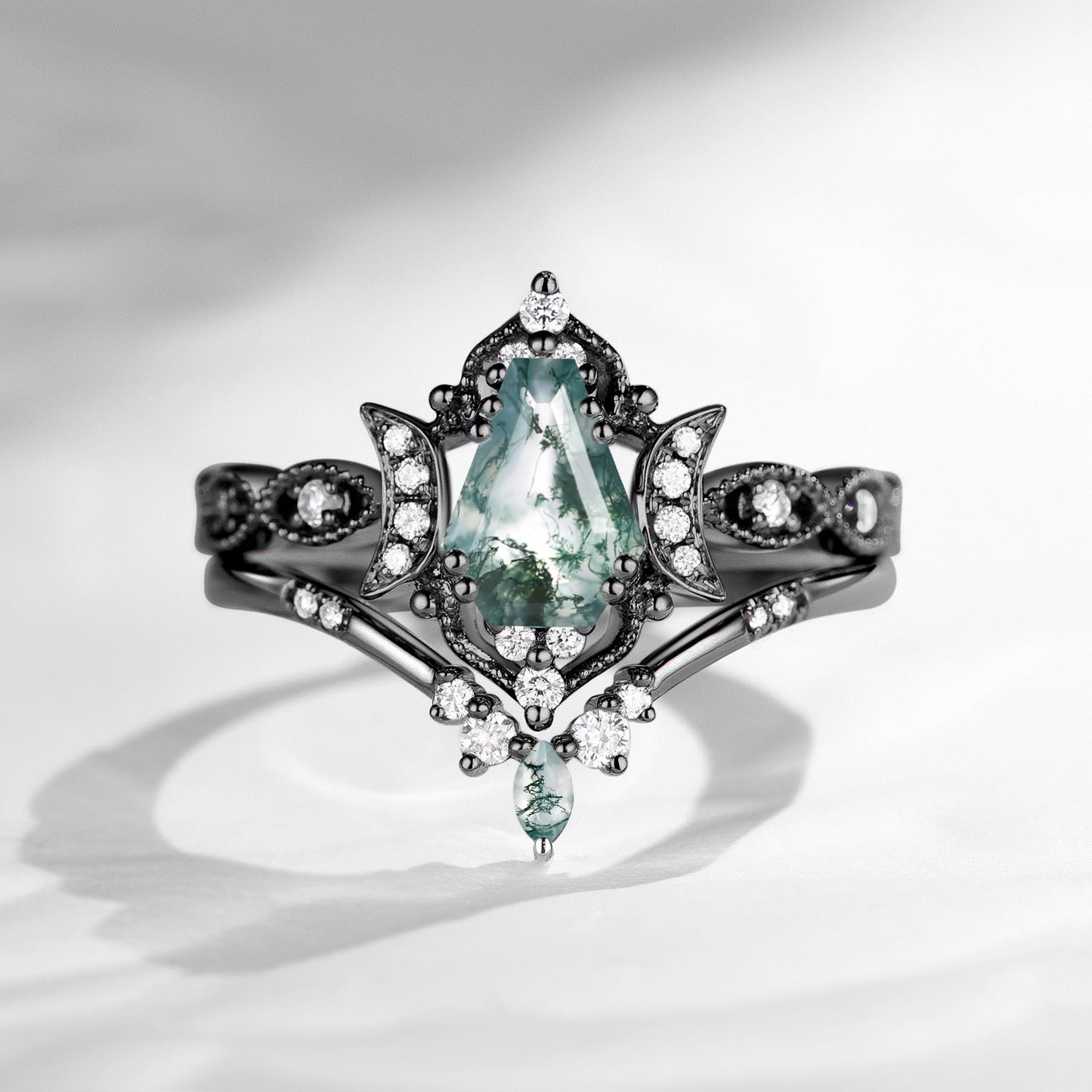 Crescent Moon | Unique Coffin Cut Moss Agate Engagement Ring Set 2pcs - Luna