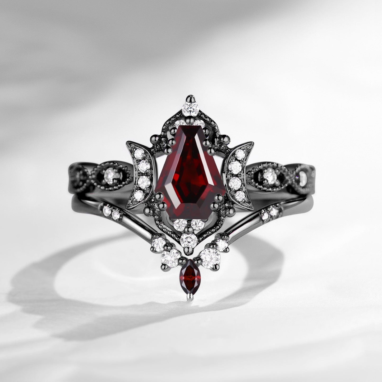 Crescent Moon | Unique Coffin Cut Garnet Engagement Ring Set 2pcs - Luna