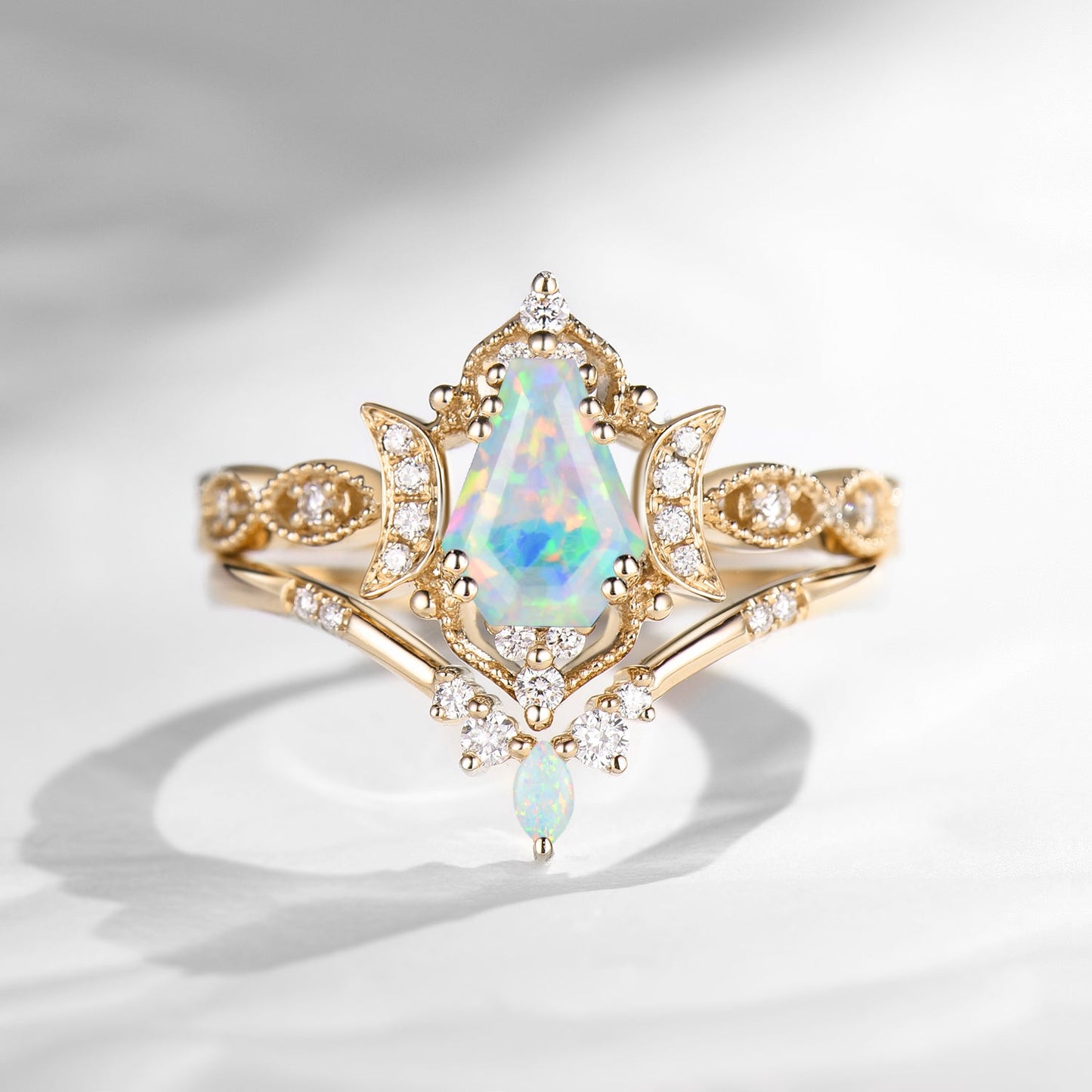 Crescent Moon | Unique Coffin Cut Lab Opal Engagement Ring Set 2pcs - Luna