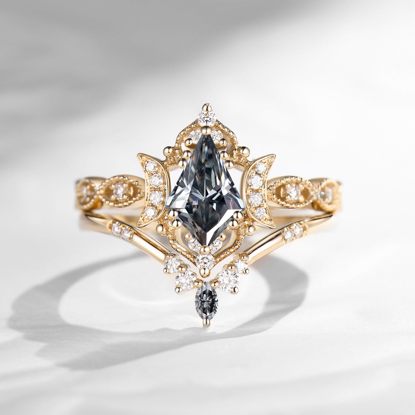 Crescent Moon | Kite Cut Unique Grey Moissanite Engagement Ring Set 2pcs - Luna