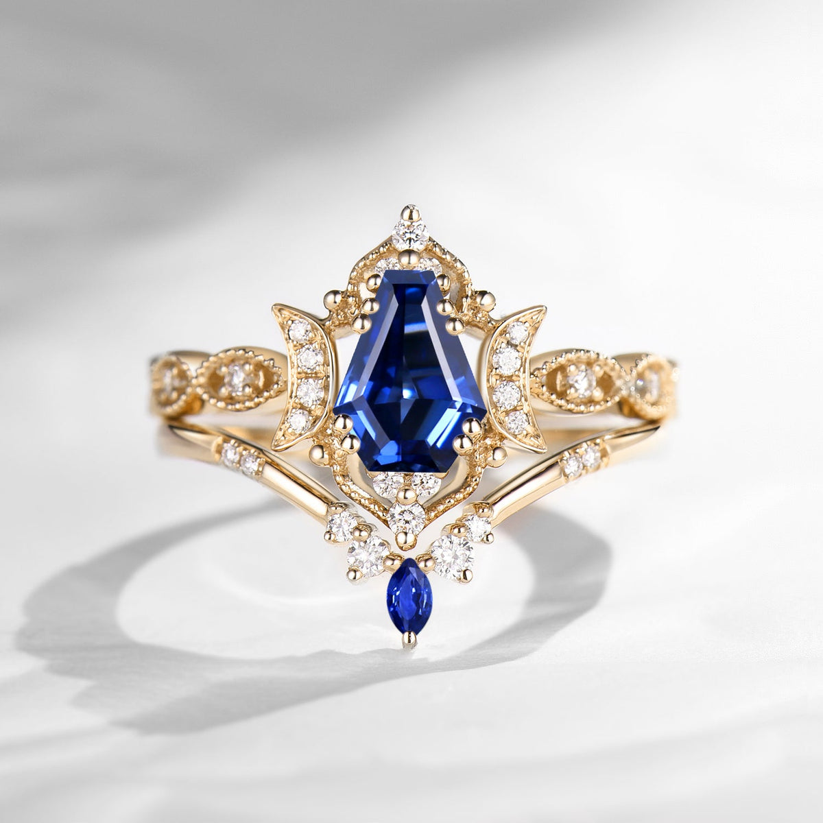 Crescent Moon | Unique Coffin Cut Lab Sapphire Engagement Ring Set 2pcs - Luna