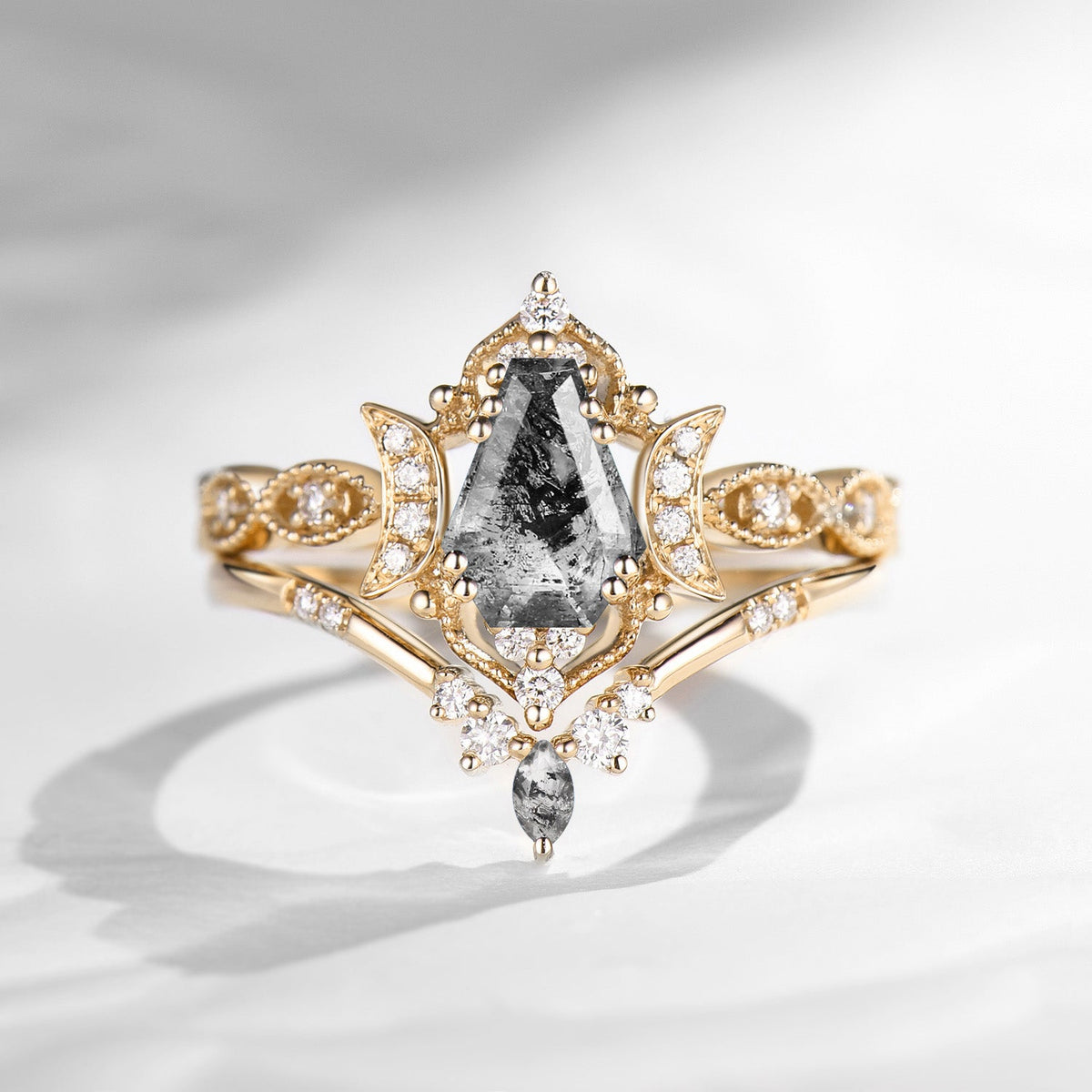 Crescent Moon | Unique Coffin Cut Herkimer Diamond Engagement Ring Set 2pcs - Luna