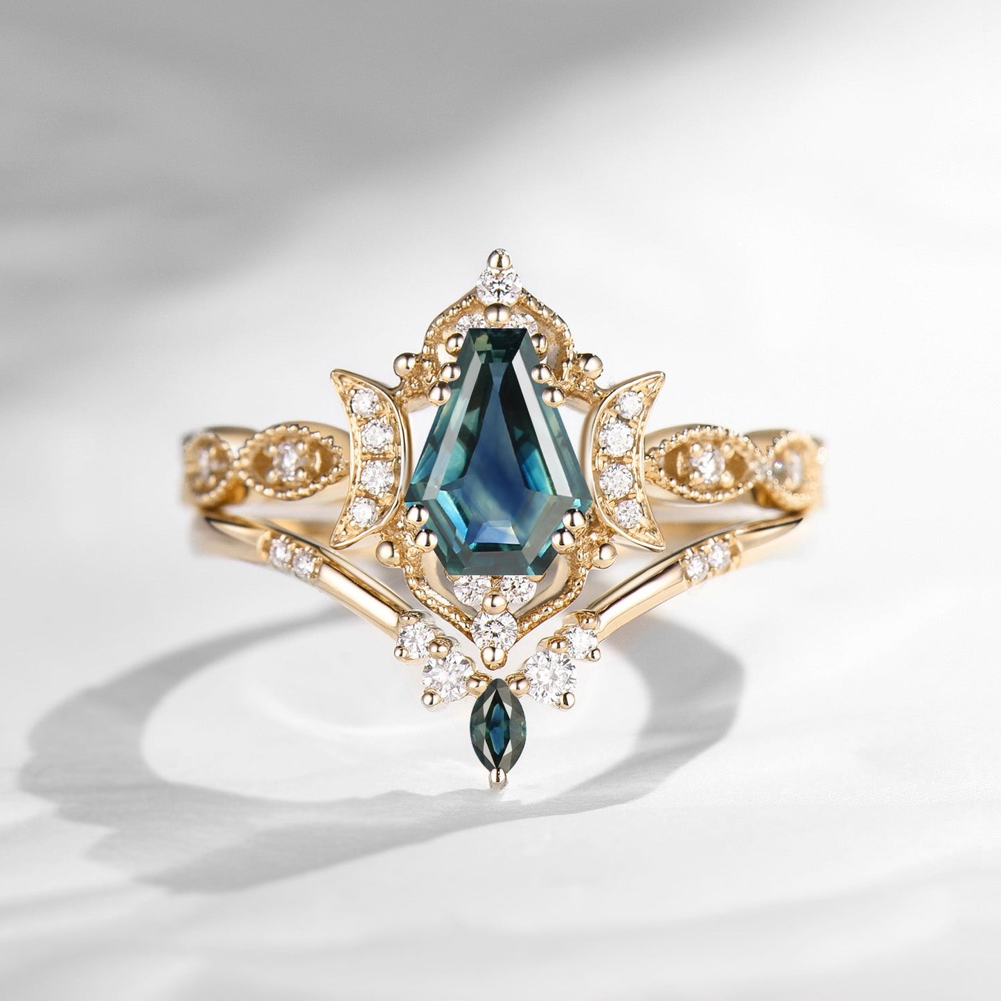 Crescent Moon 'Luna' - Vintage Coffin Cut Natural Teal Sapphire Engagement Ring Set with Milgrain Detailing