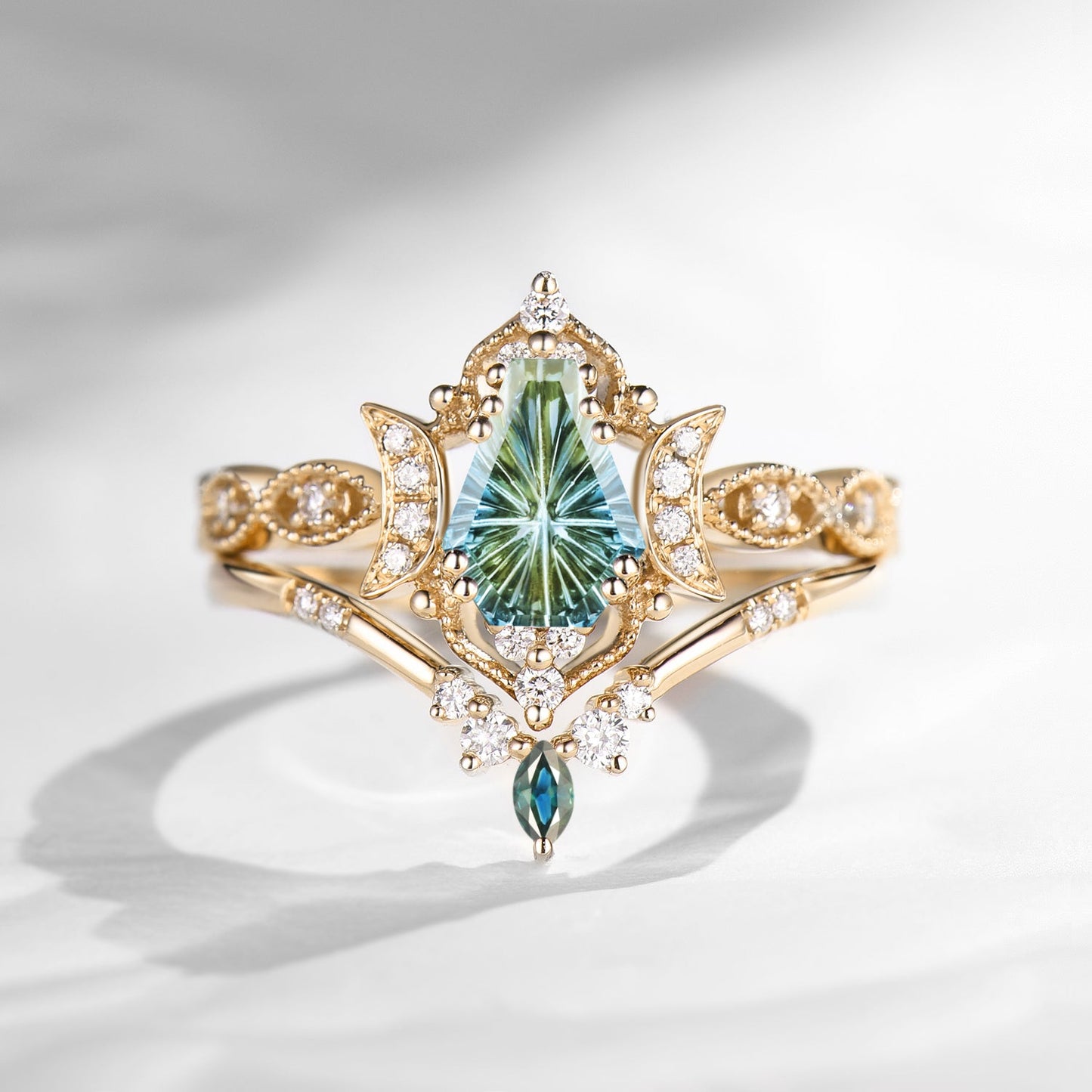 Crescent Moon | Fantasy Cut Coffin Shaped Natural Multi-Colored Sapphire Engagement Ring Set 2pcs - Luna