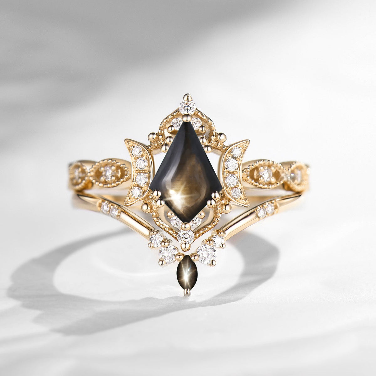 Crescent Moon | Unique Kite Cut Natural Black Star Sapphire Engagement Ring Set 2pcs - Luna