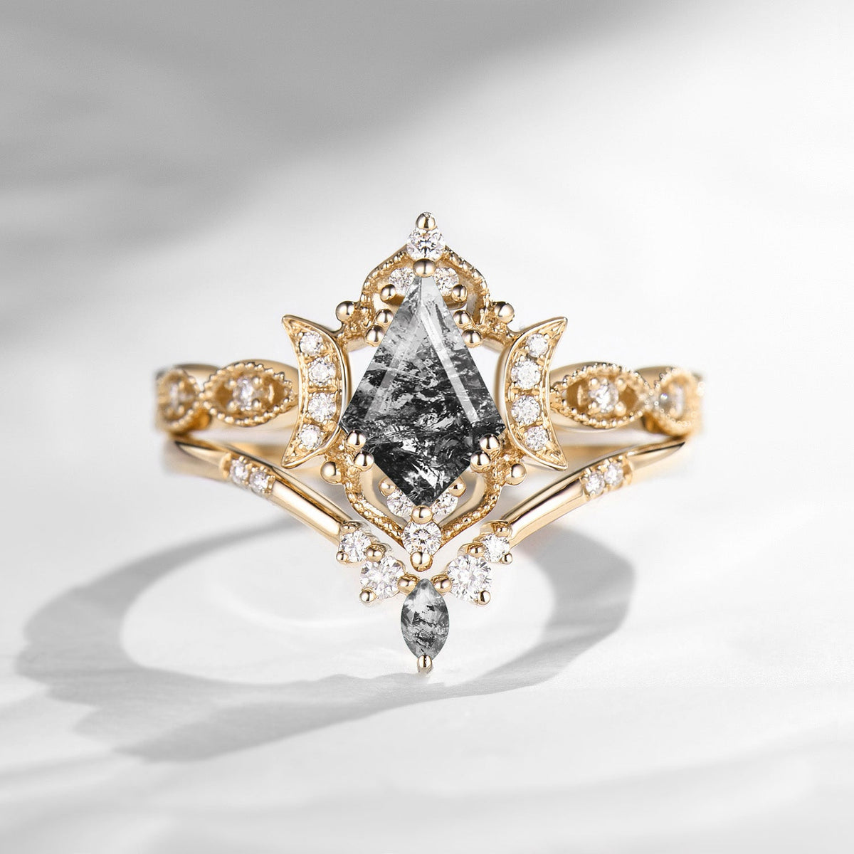 Crescent Moon | Unique Kite Cut Herkimer Diamond Engagement Ring Set 2pcs - Luna