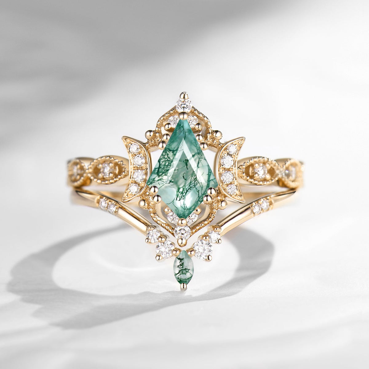 Crescent Moon | Kite Cut Unique Moss Agate Engagement Ring Set 2pcs - Luna