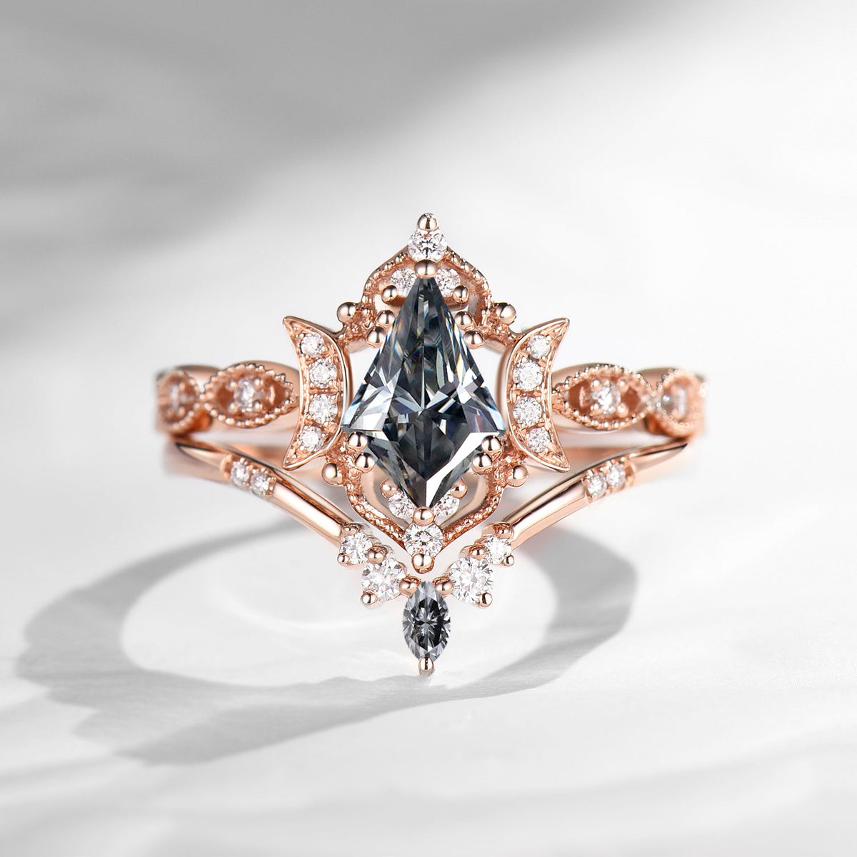 Crescent Moon | Kite Cut Unique Grey Moissanite Engagement Ring Set 2pcs - Luna