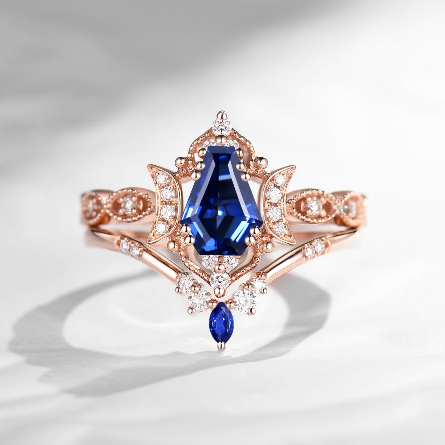 Crescent Moon | Unique Coffin Cut Lab Sapphire Engagement Ring Set 2pcs - Luna