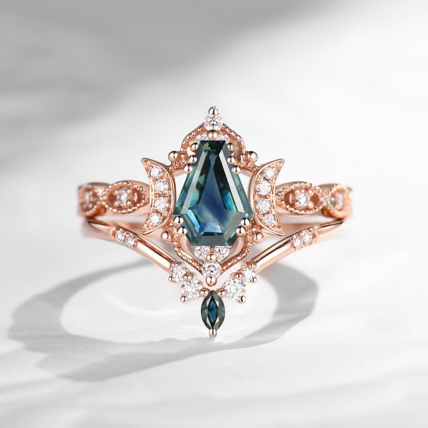 Crescent Moon 'Luna' - Vintage Coffin Cut Natural Teal Sapphire Engagement Ring Set with Milgrain Detailing
