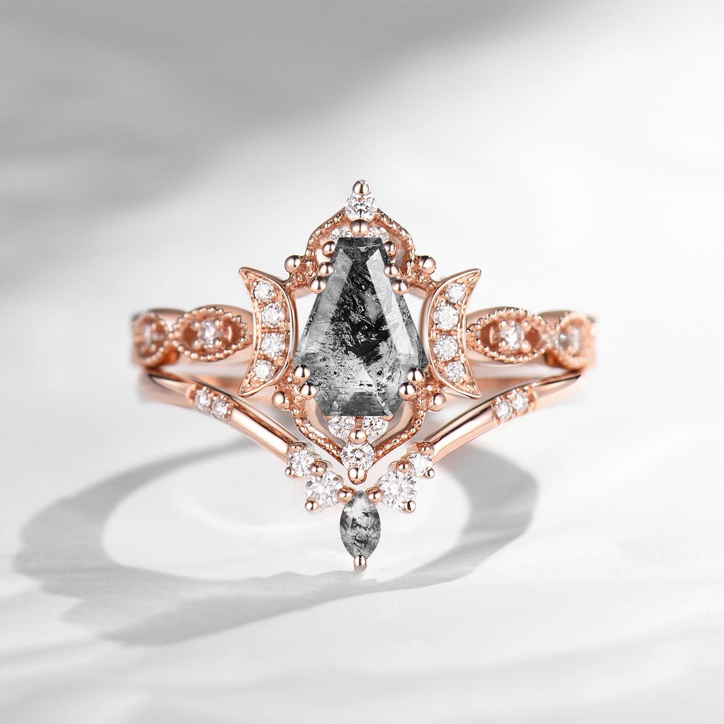 Crescent Moon | Unique Coffin Cut Herkimer Diamond Engagement Ring Set 2pcs - Luna