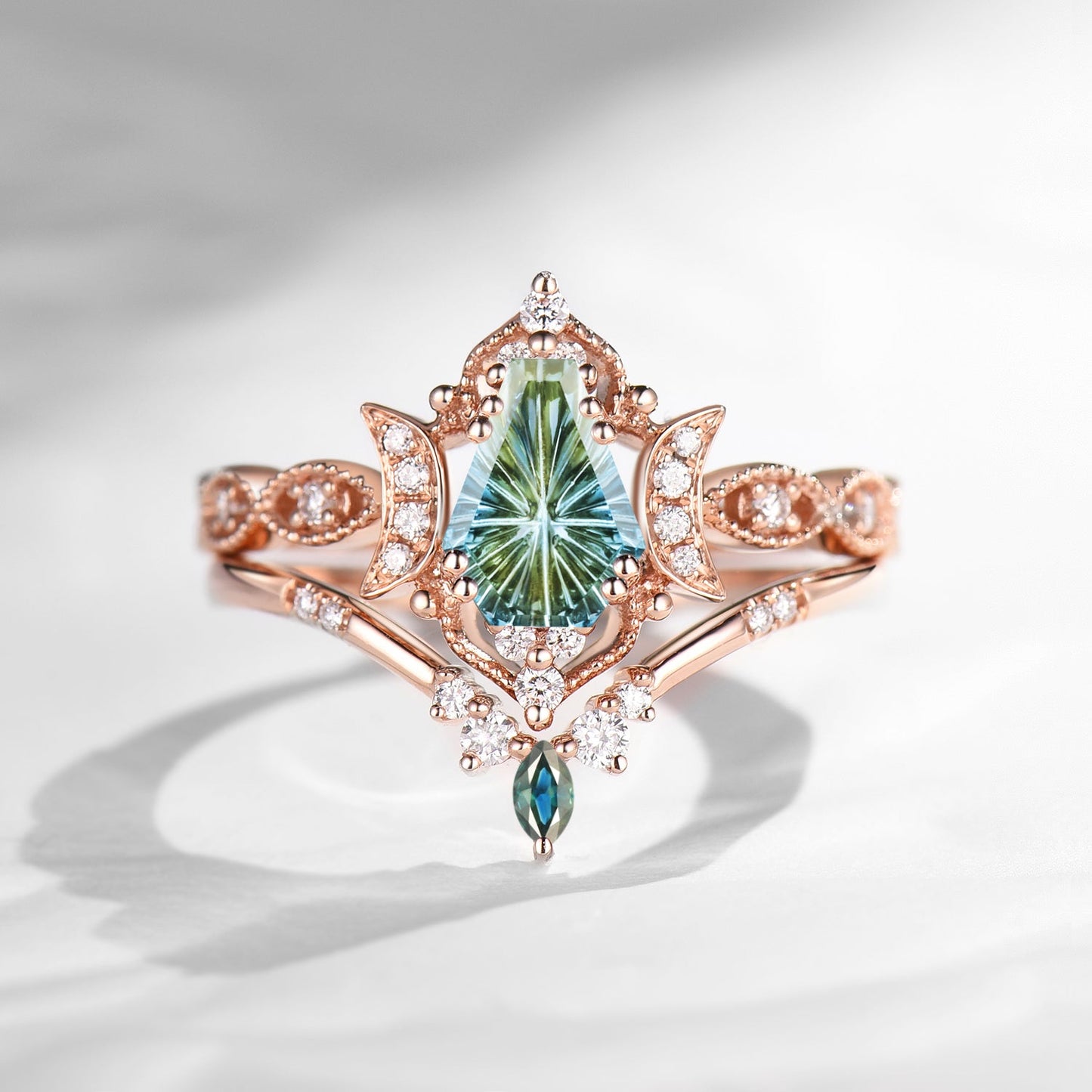 Crescent Moon | Fantasy Cut Coffin Shaped Natural Multi-Colored Sapphire Engagement Ring Set 2pcs - Luna
