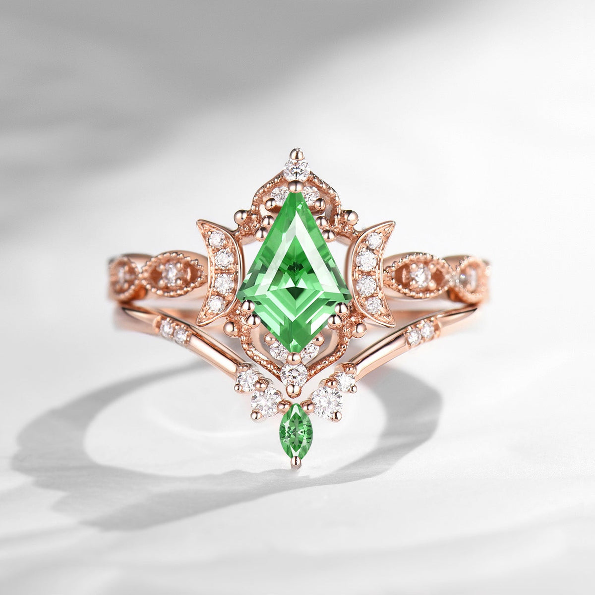 Crescent Moon | Unique Kite Cut Lab Tsavorite Engagement Ring Set 2pcs - Luna