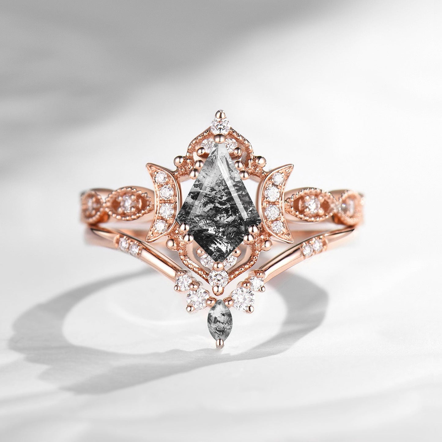 Crescent Moon | Unique Kite Cut Herkimer Diamond Engagement Ring Set 2pcs - Luna