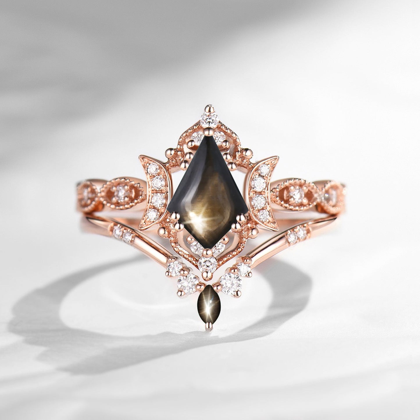 Crescent Moon | Unique Kite Cut Natural Black Star Sapphire Engagement Ring Set 2pcs - Luna