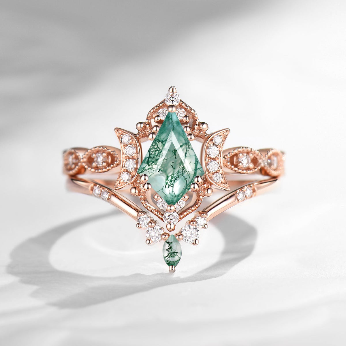 Crescent Moon | Kite Cut Unique Moss Agate Engagement Ring Set 2pcs - Luna
