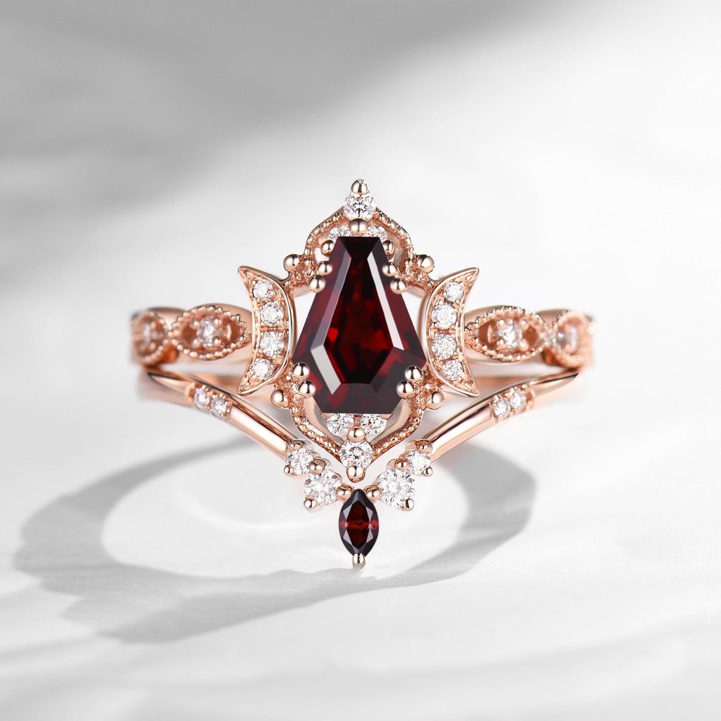 Crescent Moon | Unique Coffin Cut Garnet Engagement Ring Set 2pcs - Luna