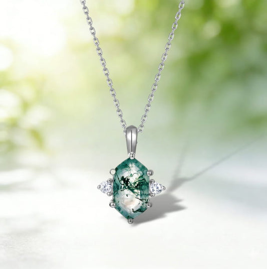 Hexagon Moss Agate Pendant Necklace- Three Stone
